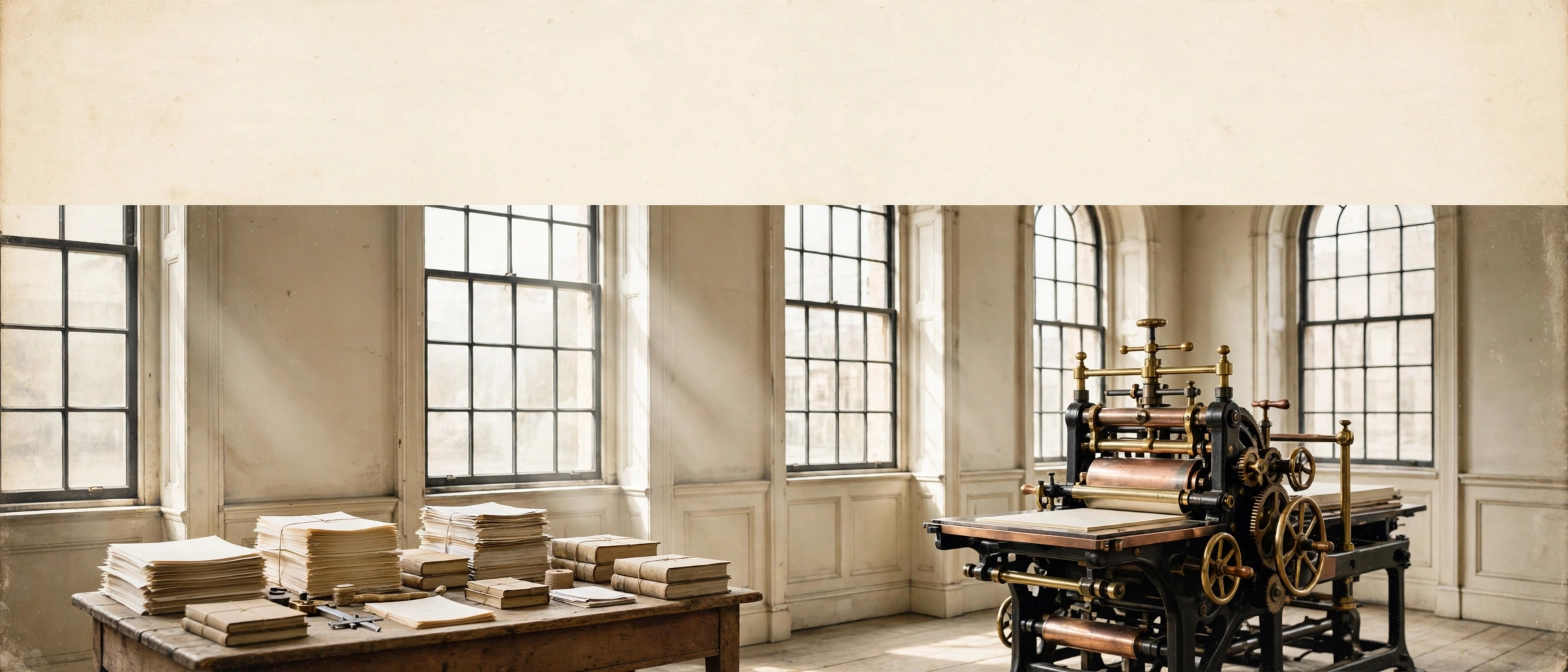 A vintage printing-press room in cream and copper tones — the record room of the AI Governance Office